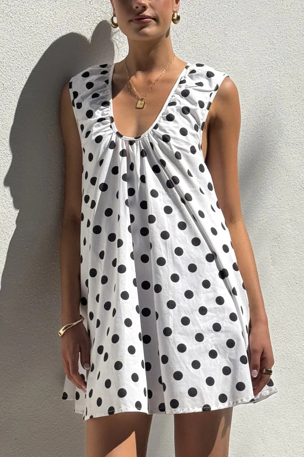 Fashionable Polka Dot Print U-neck Sleeveless Loose Mini Dress