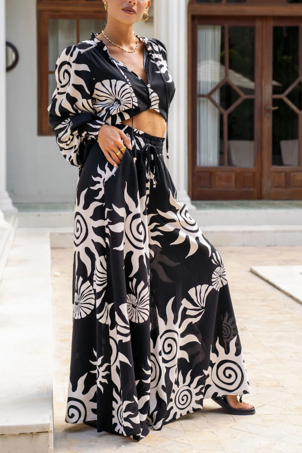 Sun and Conch Print Casual Elastic Waist Drawstring Pocket Wide-leg Pants