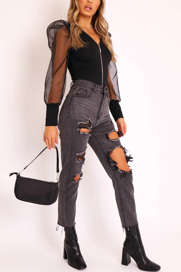 Solid Color Zip Front Sheer Puff Sleeves Bodysuit-consonak