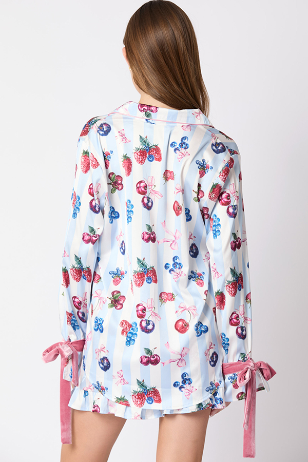 Unique Printed Loose Pocket Bow Tie Top and Elastic Waist Ruffled Shorts Set-consonak