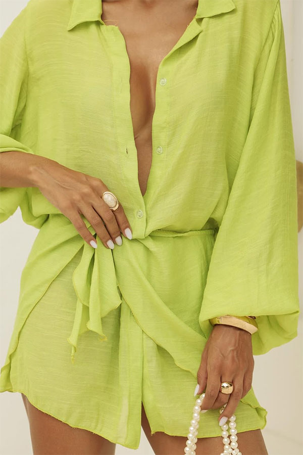 Kala Linen Blend Button Balloon Sleeve Blouse and Elastic Waist Warp Tie-up Mini Skirt Set-consonak