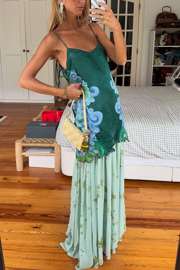 Fresh Bloom Unique Print Satin and Pleated Tulle Hem Slip Maxi Dress