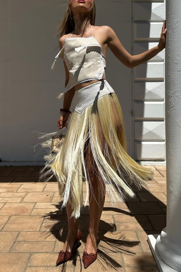 Fashionable Lace Appliqué Tassel Hem Vacation Maxi Skirt | Consonak