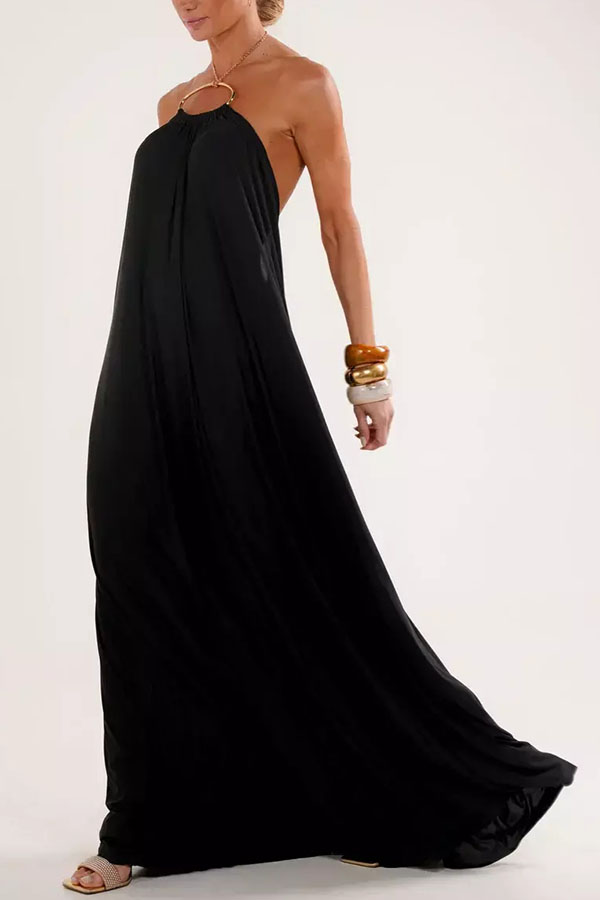 Ocean Goddess Metal Circular Chain Halter Backless Vacation A-line Maxi Dress | Consonak