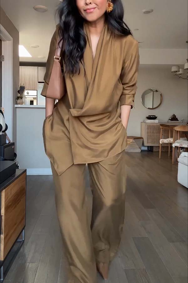 Bella Satin Drape Collar Single Button Casual Blazer and Elastic Waist Pocket Loose Pants Set-consonak