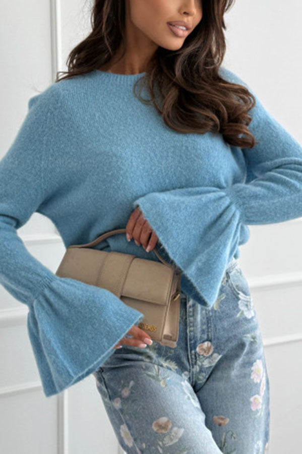 Spring Calling Knit Crew Neck Long Bell Sleeve Relaxed Sweater-consonak