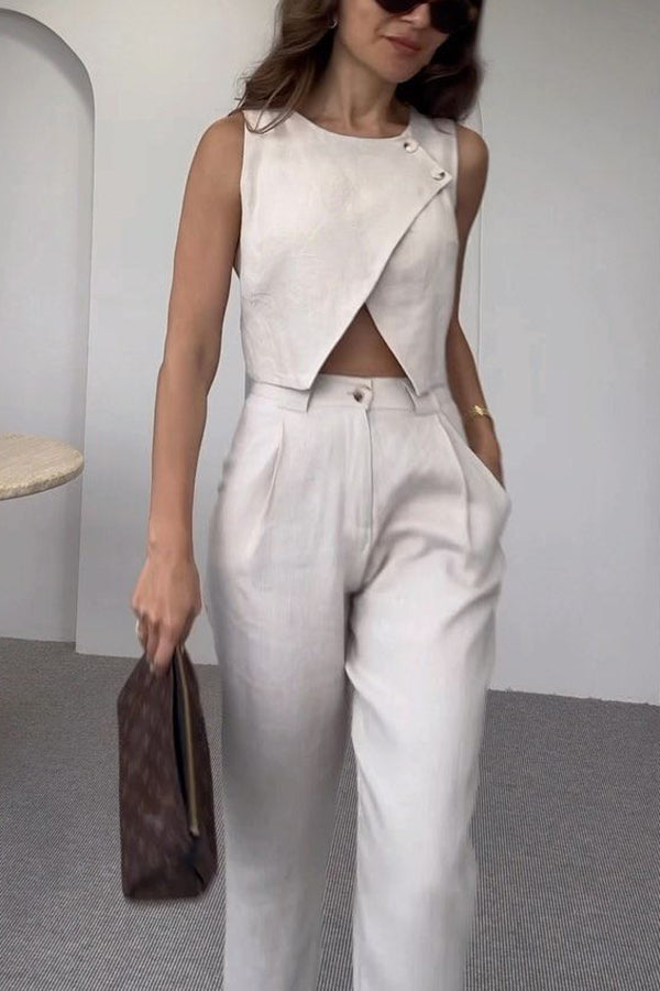Balvin Linen Blend Cross Button Neck Crop Vest and High Rise Pocketed Pants Set-consonak