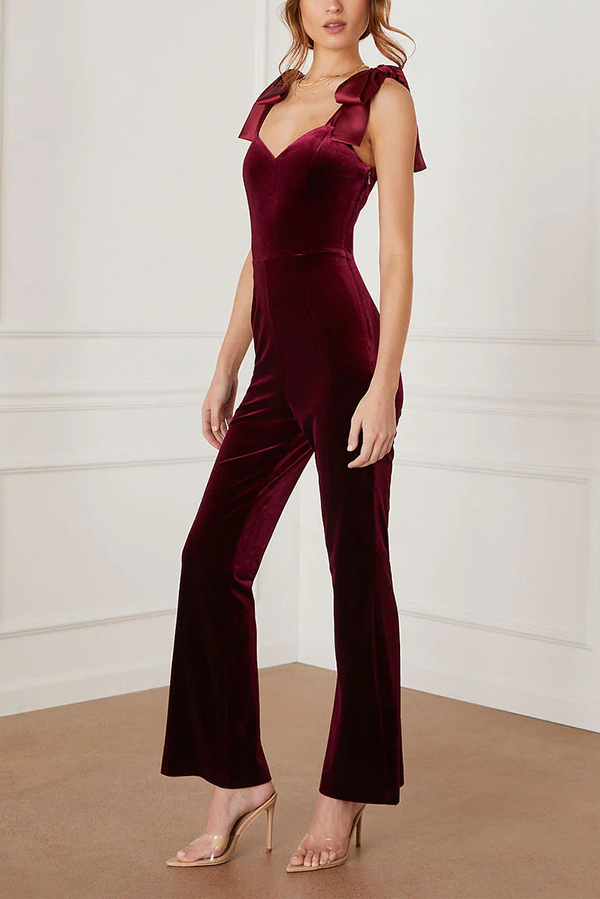 Merlot Sippin' Velvet Shoulder Tie Flare Stretch Jumpsuit-consonak