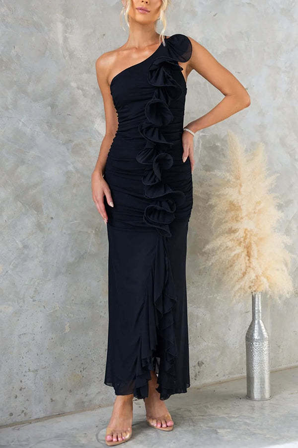 Fashion One-shoulder Pleated Sexy High Slit Slim Dress-consonak