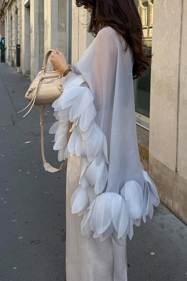 Cleo Sheer Hand-crafted Floral Petal Trim Back Tie-up Loose Cape