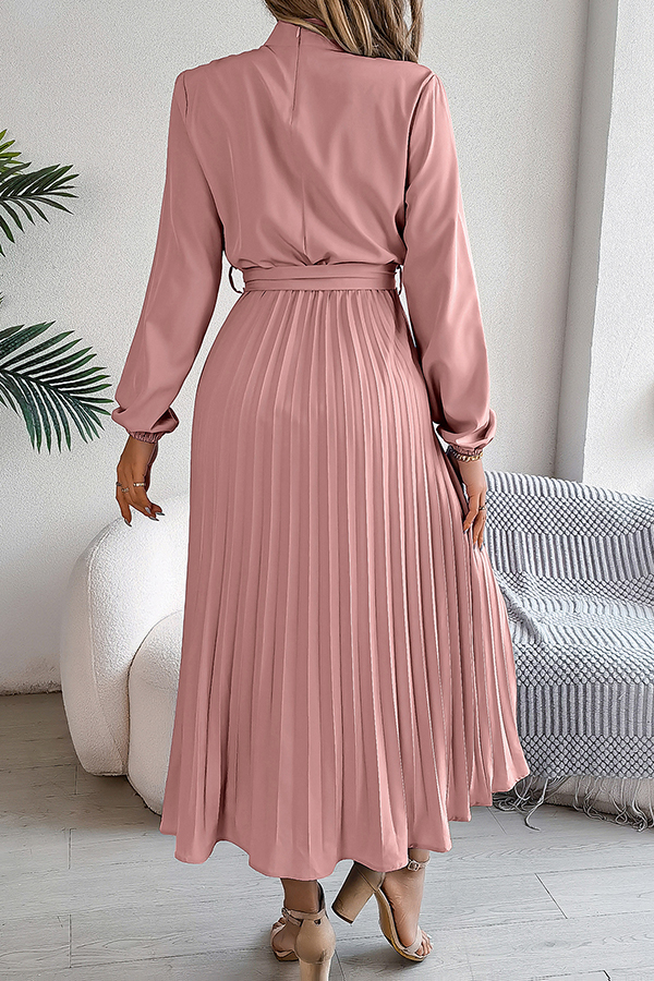 Elegant Stand-collar Long-sleeve Waisted Tie-up Pleated Midi Dress-consonak