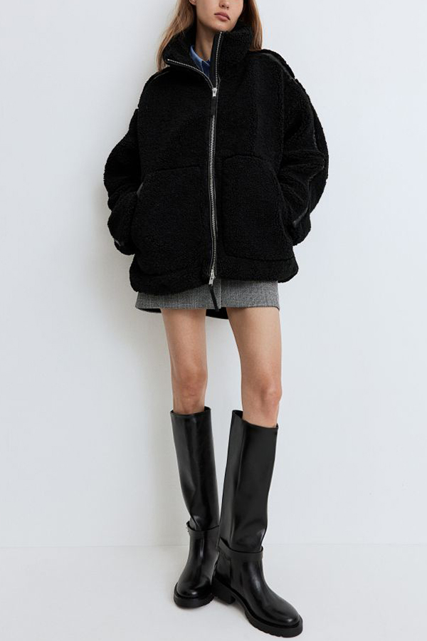Solid Color Stitching High Collar Long Sleeve Loose Pocket Woolen Coat-consonak