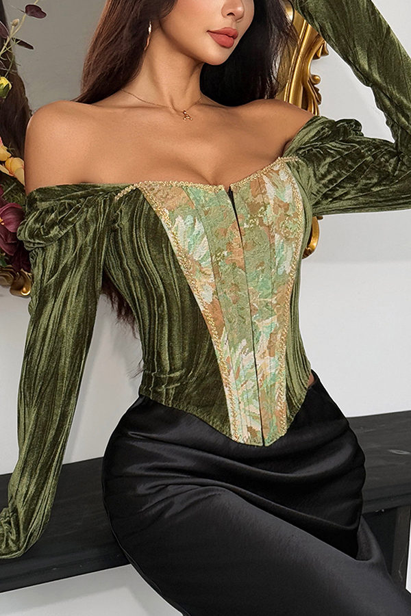 Oil Painting Style Elegant Strapless Slim-fit Fishbone Top-consonak