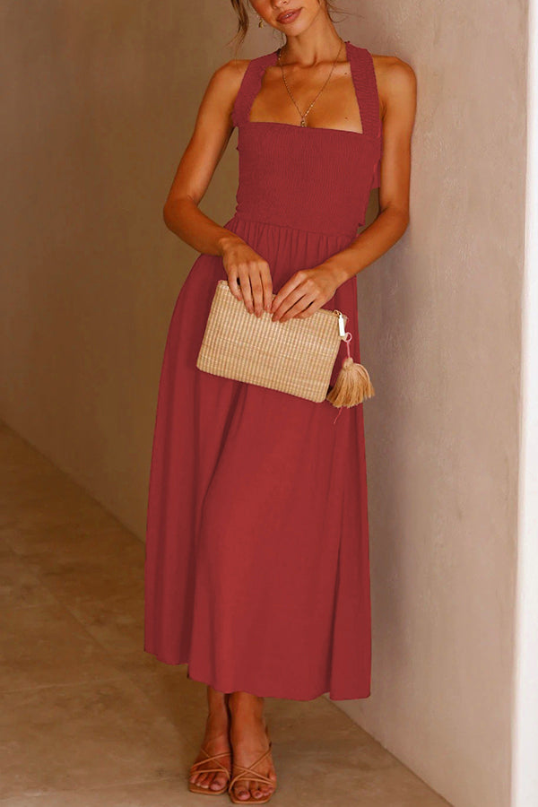 Bendita Pocketed Smocked Cross Back Party Midi Dress-consonak