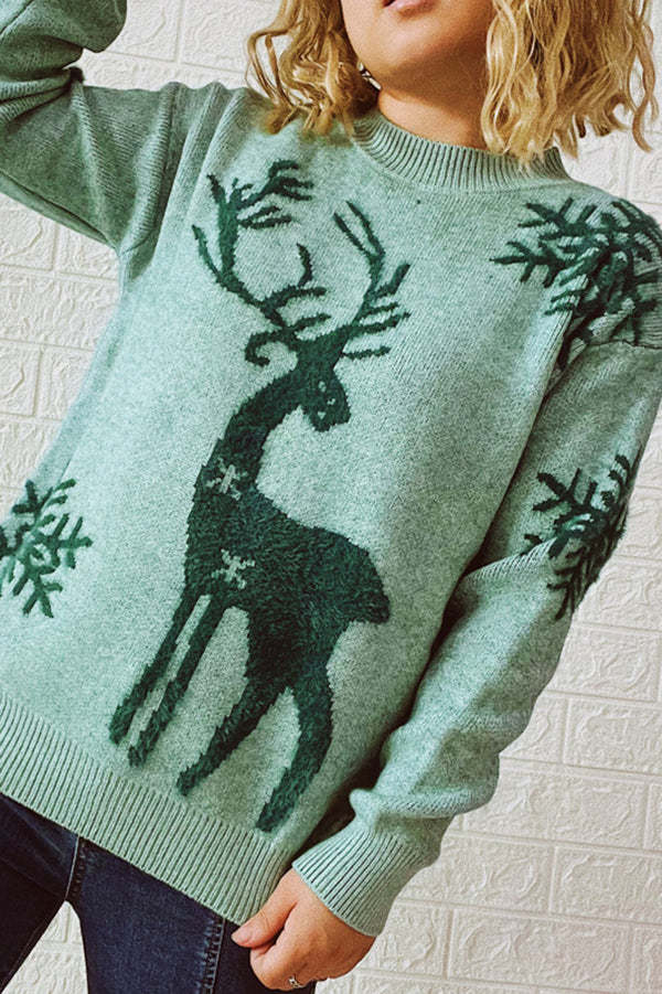 Christmas Pattern Knitted Crew Neck Long Sleeved Sweater-consonak