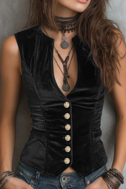 Solid Color Velvet Sleeveless Fitted Button Vest-consonak