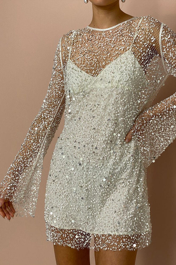 Sparkle and Shine Sequins and Pearls Fabric Mini Dress with Separate Slip-consonak