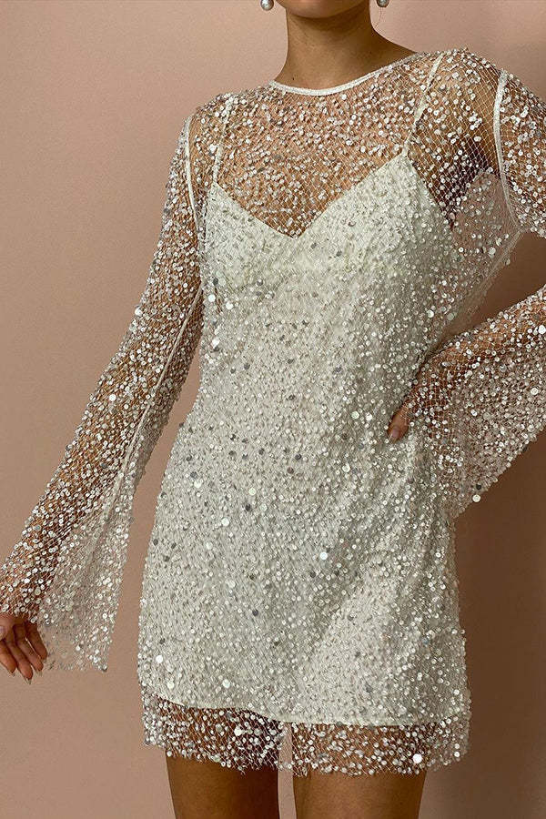 Sparkle and Shine Sequins and Pearls Fabric Mini Dress with Separate Slip-consonak