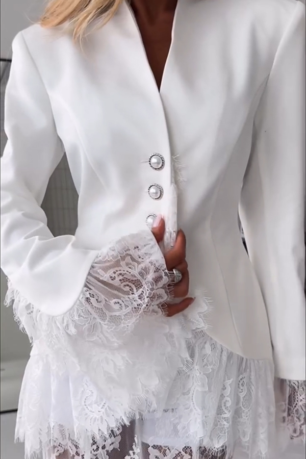 Queen Time Lace Trim V-neck Pearl Buttons Long Sleeve Loose  Blazer-consonak