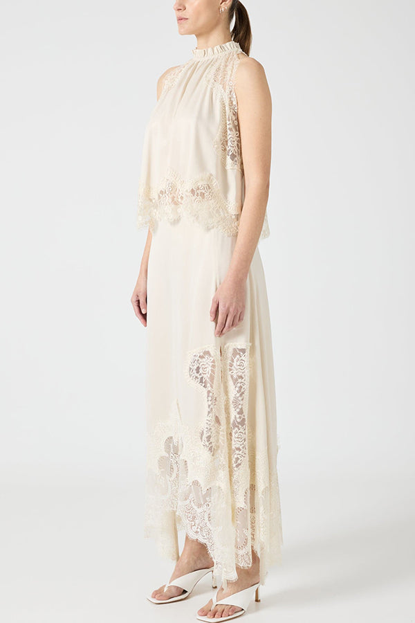 Modern Muse Satin Lace Trim Pleated Neck Top and A-line Irregular Slit Skirt Set | Consonak