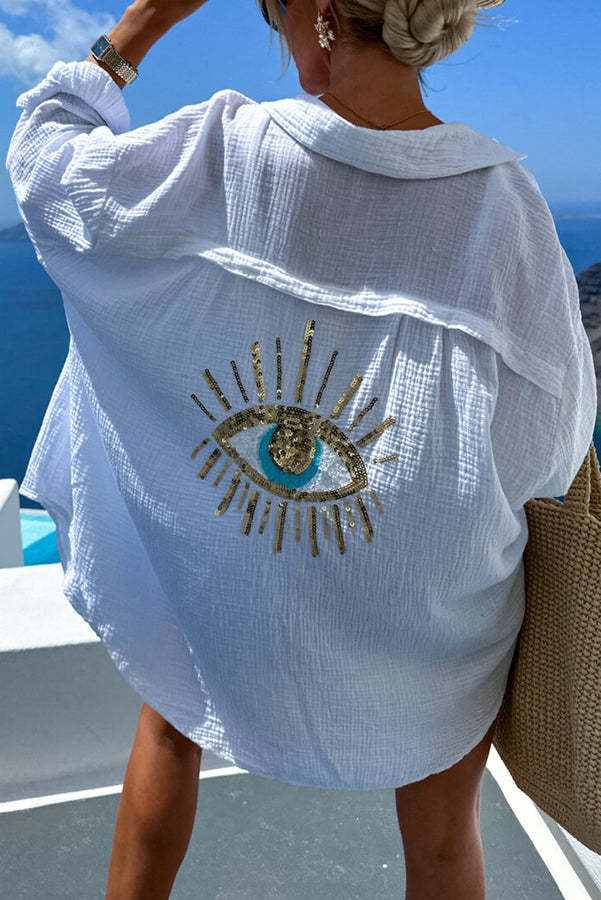 Summer Breeze Linen Blend Sequin Magic Eye Desig Oversized Relax Shirt-consonak