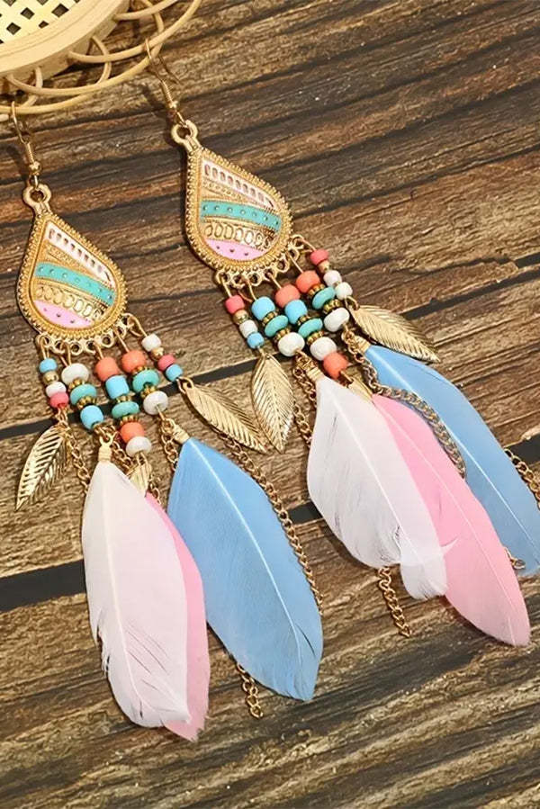 Boho Vintage Colorful Feather Tassel Dangle Drop Earrings-consonak