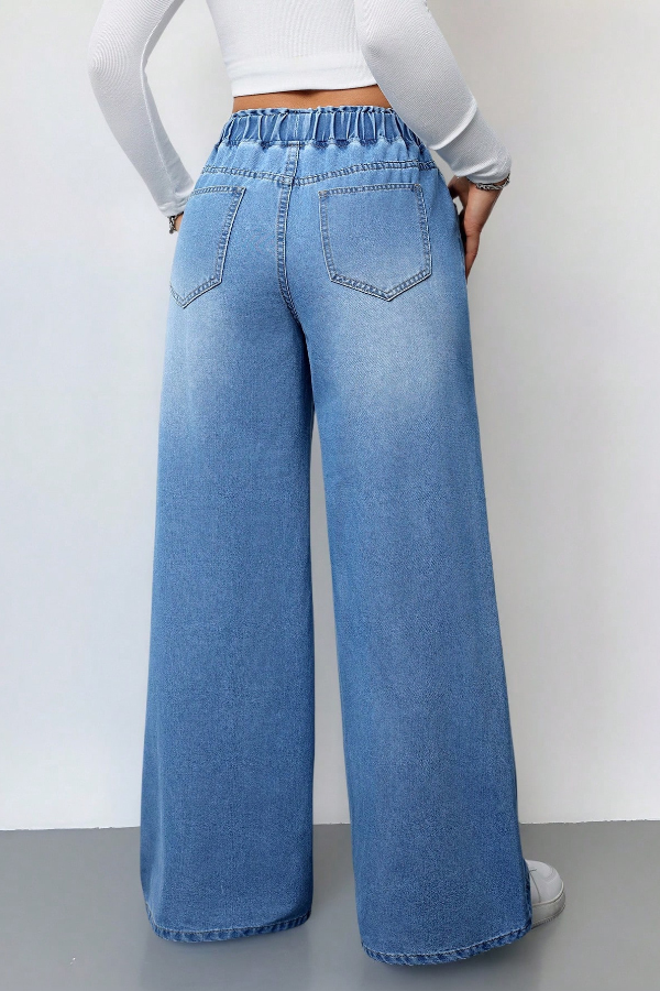 Solid Color Casual Elastic Waist Drawstring Loose Wide-leg Jeans