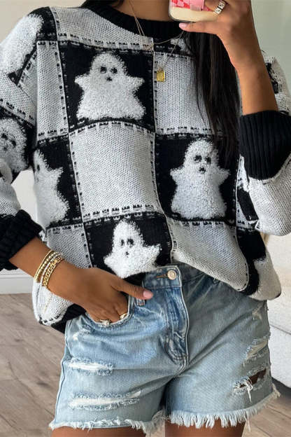 Halloween Plaid Ghost Loose Long Sleeve Knitted Sweater-consonak