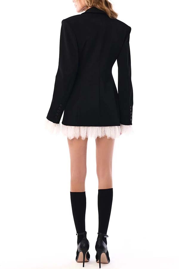 Cue The Chic Lace Trim Button Long Sleeve Lapel Blazer Mini Dress-consonak