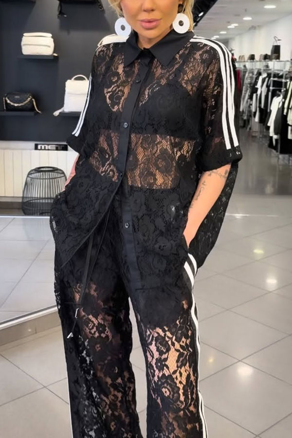 Mix Fashion Lace Striped Trim Short Sleeve Button Shirt and Elastic Waist Pocket Loose Pants Set