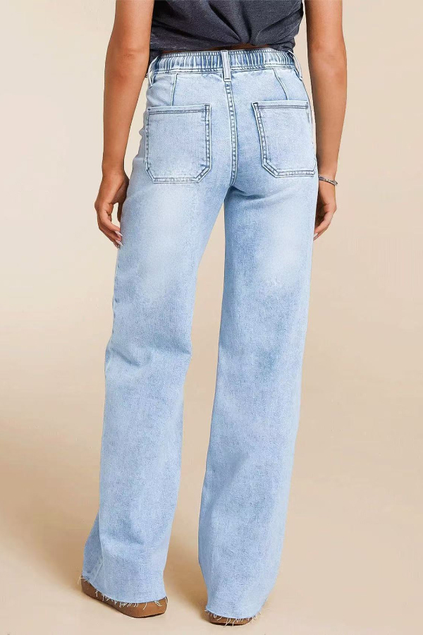 Stylish Elastic Waistband Drawstring Casual Pocket Loose Straight Leg Jeans