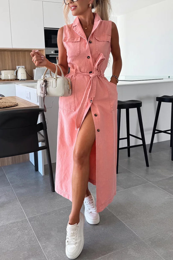 Solid Color Sleeveless Single Breasted Waist Tie Casual Pocket Denim Midi Dress | Consonak