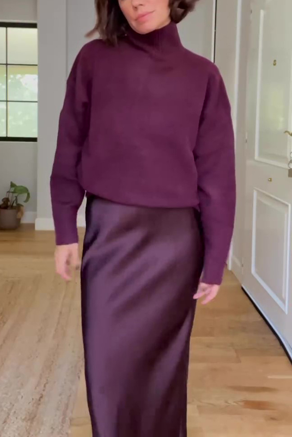 Jaelyn Solid Color Turtleneck Long Sleeve Sweater and Satin Elastic Waist Maxi Skirt Set-consonak