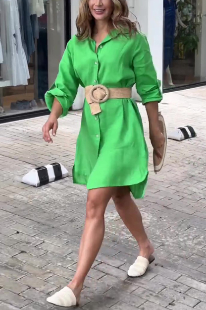 Linen Blend Solid Long Sleeve Button-Down Shirt Style Mini Dress-consonak