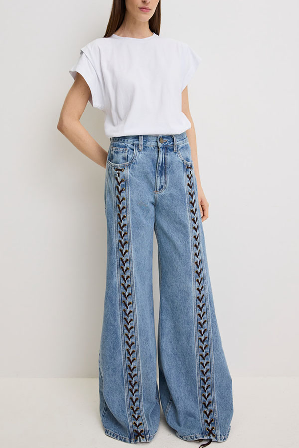Harloe Denim High Rise Front Center Slit Rope Knot Design Pocket Wide Leg Jeans