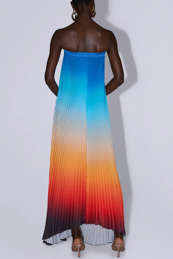 Ibiza Sunset Pleated Gradient Print Strapless Asymmetrical Hem A-line Maxi Dress