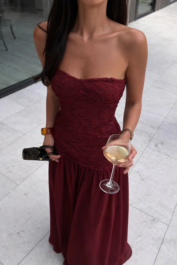 Stylish Three-dimensional Floral Chiffon Patchwork Strapless Elegant Maxi Dress | Consonak