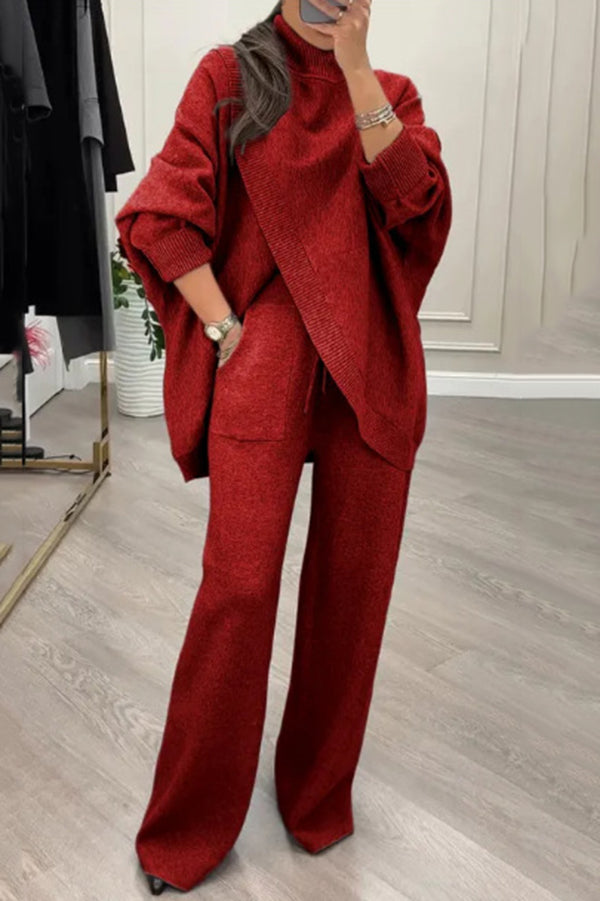 Solid Color Loose-fitting Turtleneck Knit Top and Elastic Waist Casual Pocket Straight Leg Pants-Consonak