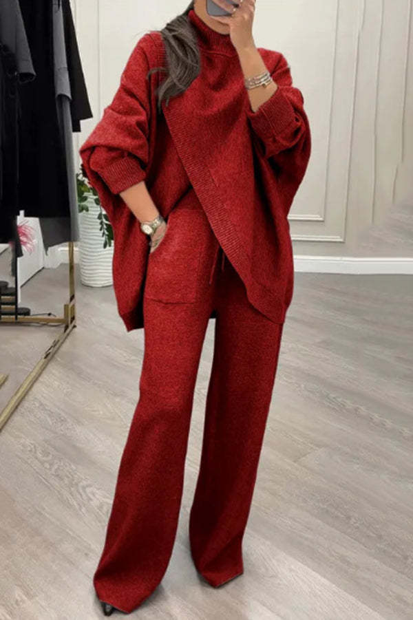 Solid Color Loose-fitting Turtleneck Knit Top and Elastic Waist Casual Pocket Straight Leg Pants-consonak