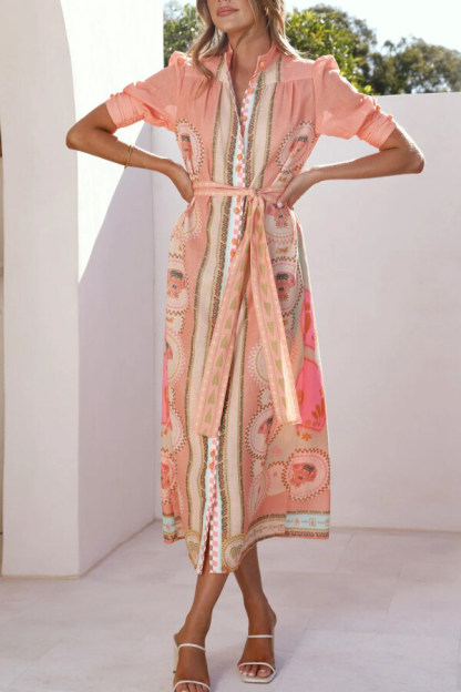 Unique Printed Puff Sleeve Button Lace Up Vacation Maxi Dress-consonak