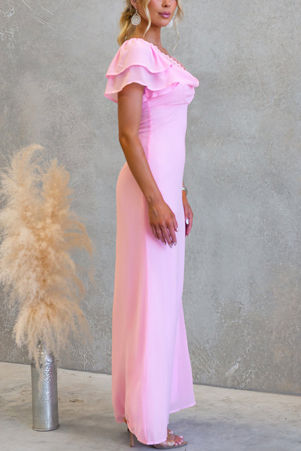 Midnight Charm Lace Detail Cowl Neck Bell Tiered Short Sleeve Maxi Dress