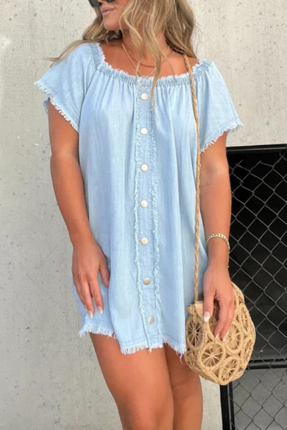 Fashionable Off Shoulder Short-sleeved Loose Denim Mini Dress-consonak
