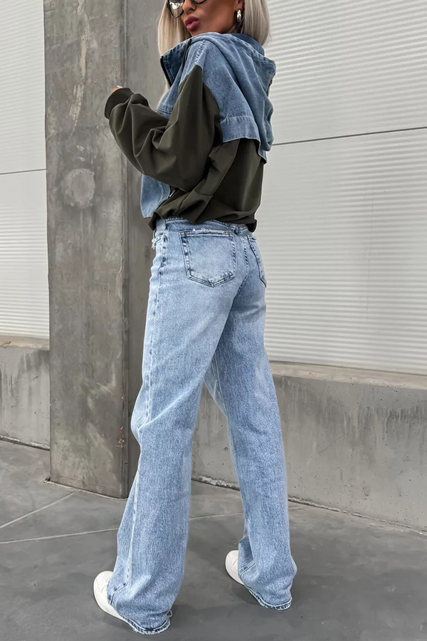 All The Time Denim Patchwork Soft Fabric Kangaroo Pocket Loose Hoodie-consonak