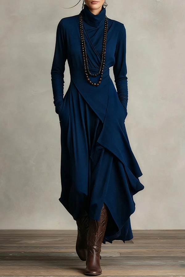 Solid Color High-neck Long-sleeved Irregular Casual Maxi Dress-consonak
