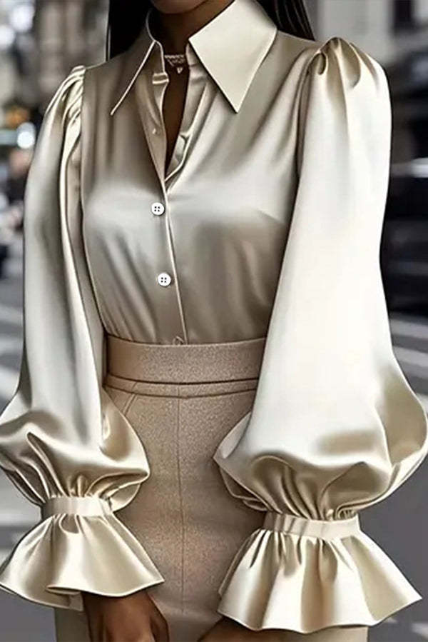 Solid Color Satin Puff Sleeve Casual Button-down Shirt-consonak