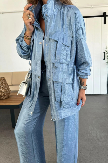 Easy on Me Metallic Fabric Flap Pocket Cargo Style Zipper Loose Jacket-consonak