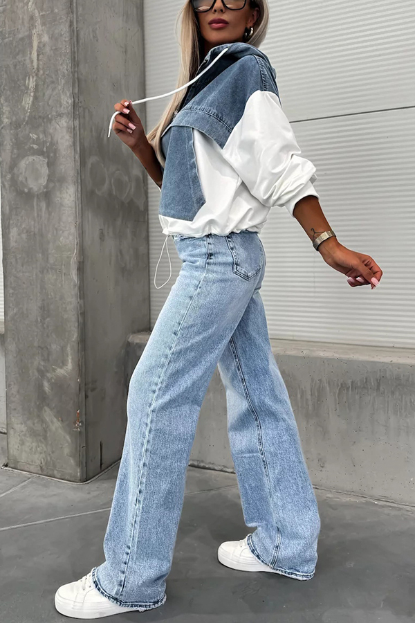 All The Time Denim Patchwork Soft Fabric Kangaroo Pocket Loose Hoodie-consonak