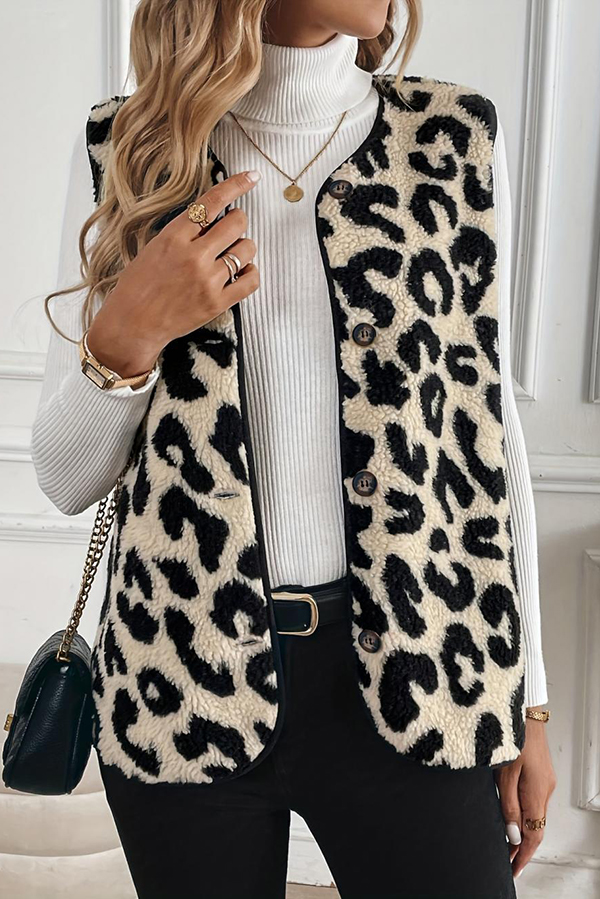 Leopard Print Sleeveless Button Plush Vest Jacket-consonak