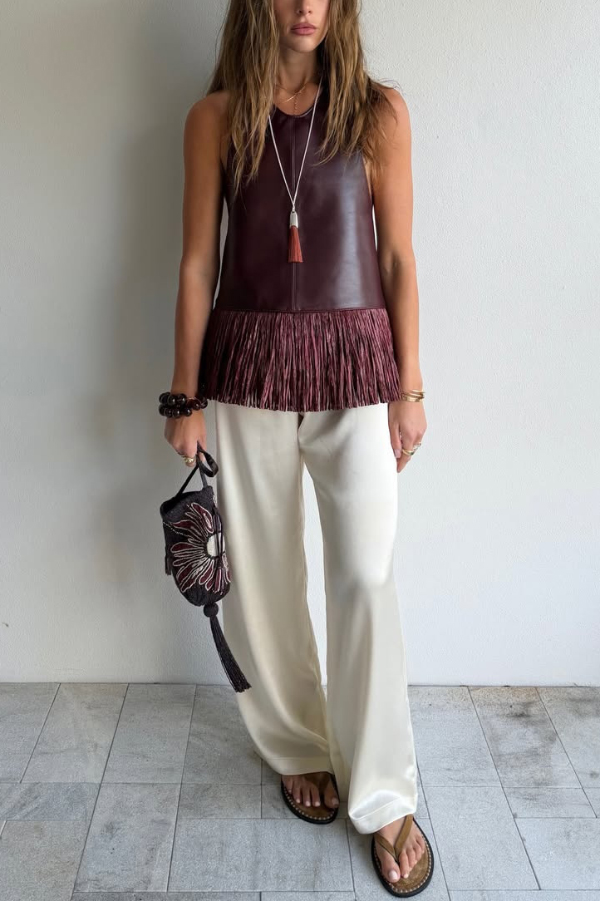 Stylish Halter Neck Sleeveless Leather Tassel Loose Top | Consonak