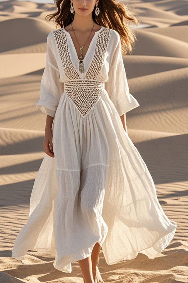 Fashion Hollow V-neck Full Hem Holiday Style Midi Dress-consonak